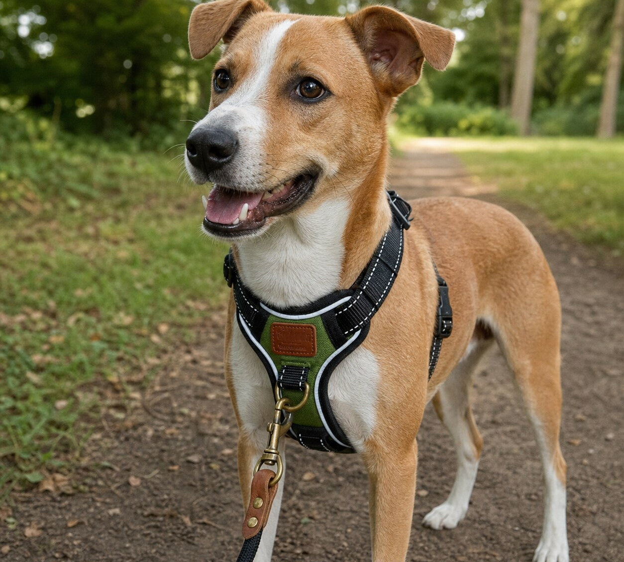 Hond met groen-zwart Hondmode-tuig en zwarte lijn met lederen details tijdens een wandeling