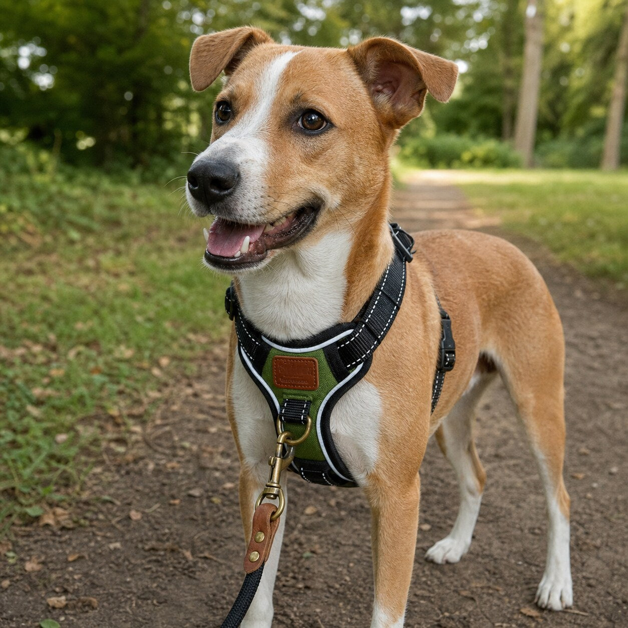 Hond met groen-zwart Hondmode-tuig en zwarte lijn met lederen details tijdens een wandeling