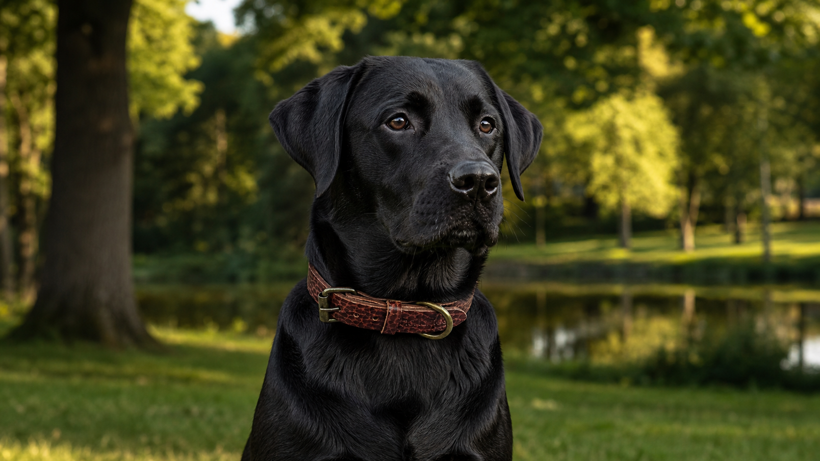 Zwarte labrador met donkerbruine Hondmode halsband in het park
