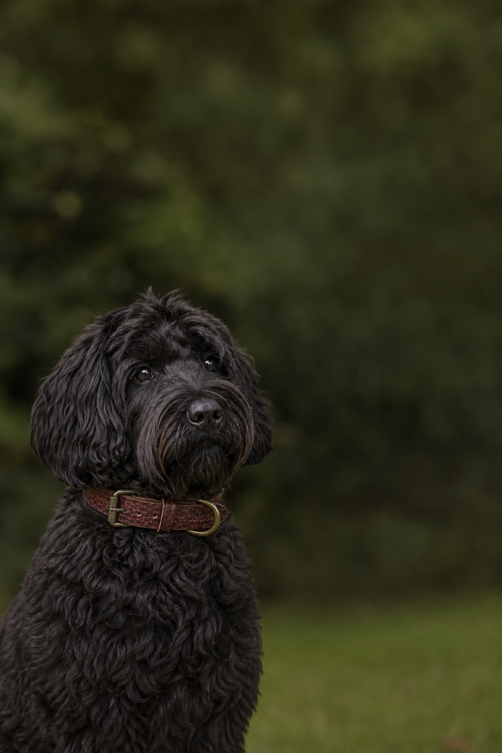Zwarte Labradoodle met donkerbruine Hondmode halsband